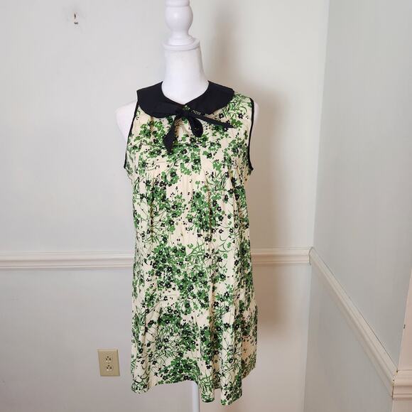 Angie Dress Sz Large Juniors Mini Collar Green Cream Floral Preppy Fairy Y2K Bow - Picture 1 of 16